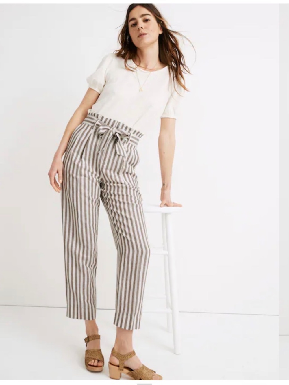Madewell Size12 Striped Linen Blend Paperbag Pants Taupe White Tie Waist Cropped